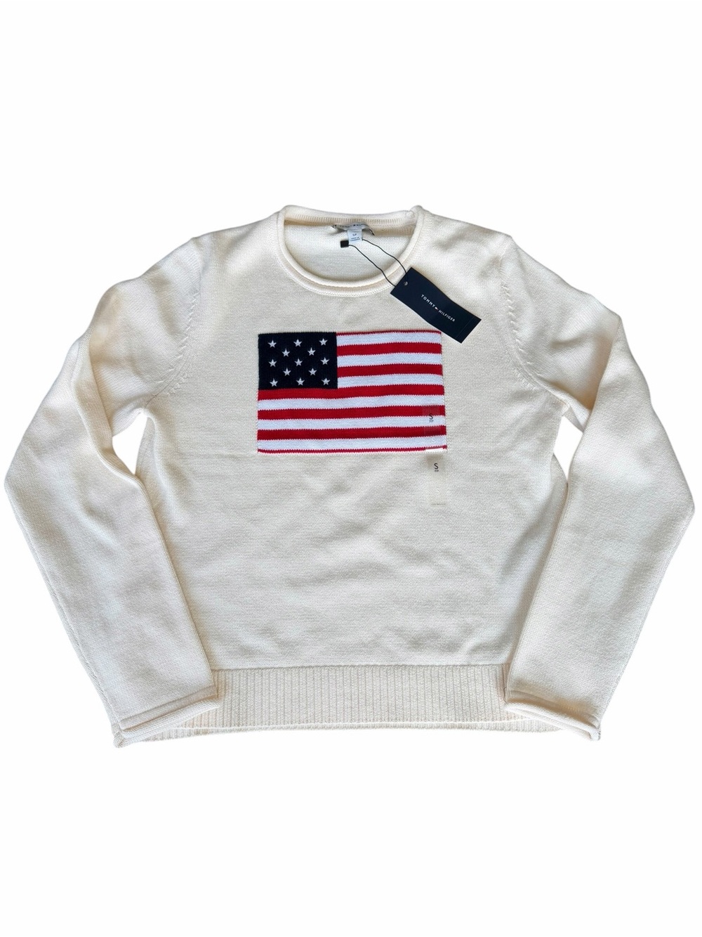 Tommy Hilfiger Cream Crewneck Knit Sweater with American Flag NWT